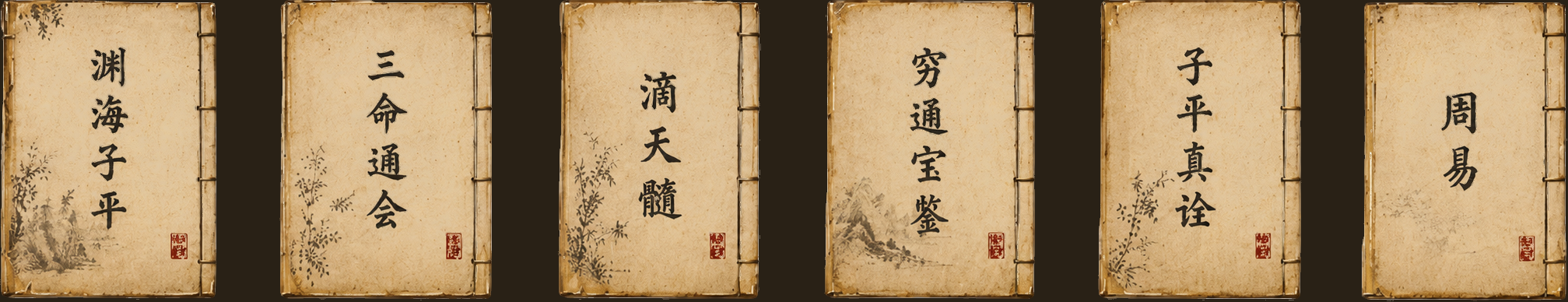 命理经典古籍书封展示:渊海子平、三命通会、滴天髓、穷通宝鉴、子平真诠、周易